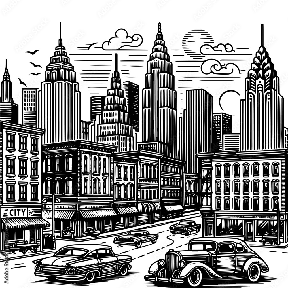 Fototapeta premium Vintage street scene with classic cars and clock tower. Generative ai.