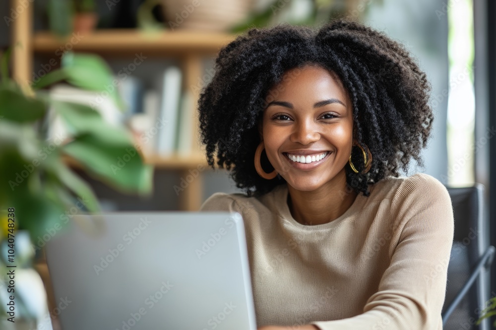 Happy African American woman engaged in a virtual team meeting while working remotely in a cozy, inclusive workspace Happy African American woman engaged in a virtual team meeting while working remotely in a cozy, inclusive workspace