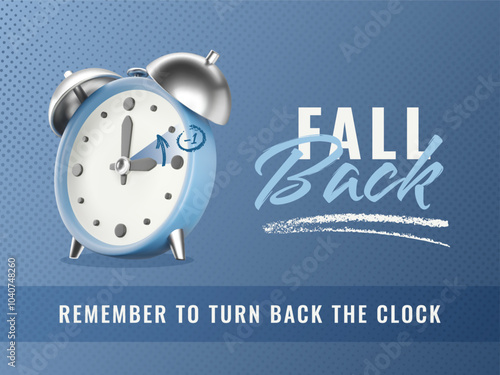 Daylight saving time ends vector illustration. 3D alarm clock on gradient blue halftone textured background. Fall Back time