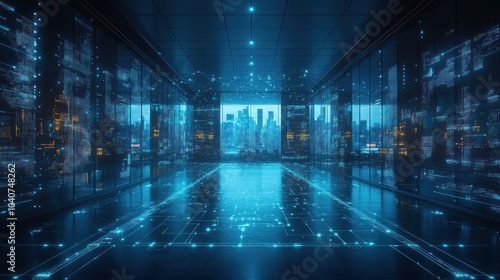 Wallpaper Mural Futuristic hallway with digital displays and city skyline view. Torontodigital.ca