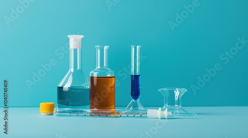 Laboratory glassware with liquids on a blue background