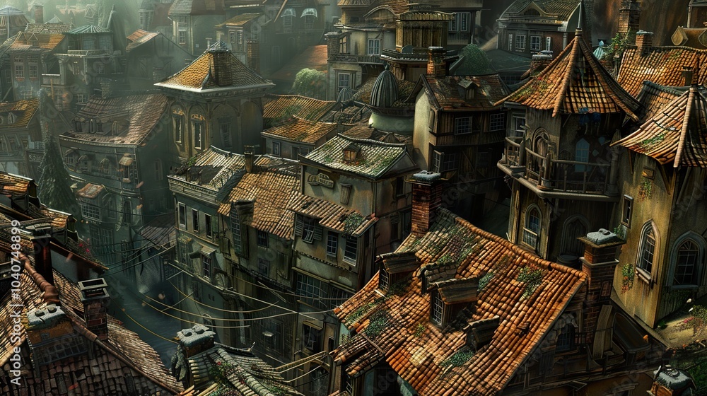 A Whimsical Cityscape: Exploring the Rooftops of a Fantasy City A Whimsical Cityscape: Exploring the Rooftops of a Fantasy City