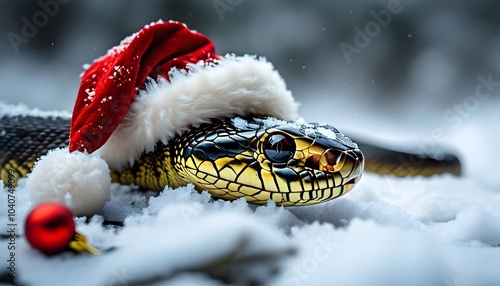 snake wearing santa claus hat lying in the snow