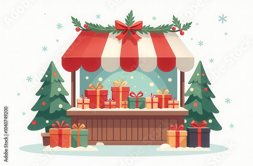 christmas holidays. winter holiday fair, wooden stall. Christmas market stall with different presents