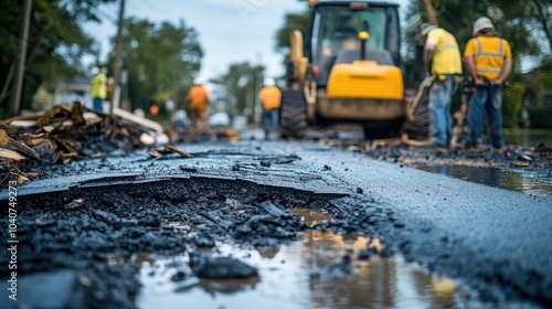 Road Construction Crew Working on Asphalt Paving with Heavy Machinery in Urban Area During Daytime