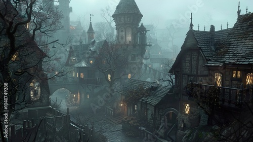 Mysterious Medieval Village in the Fog - Fantasy Architecture