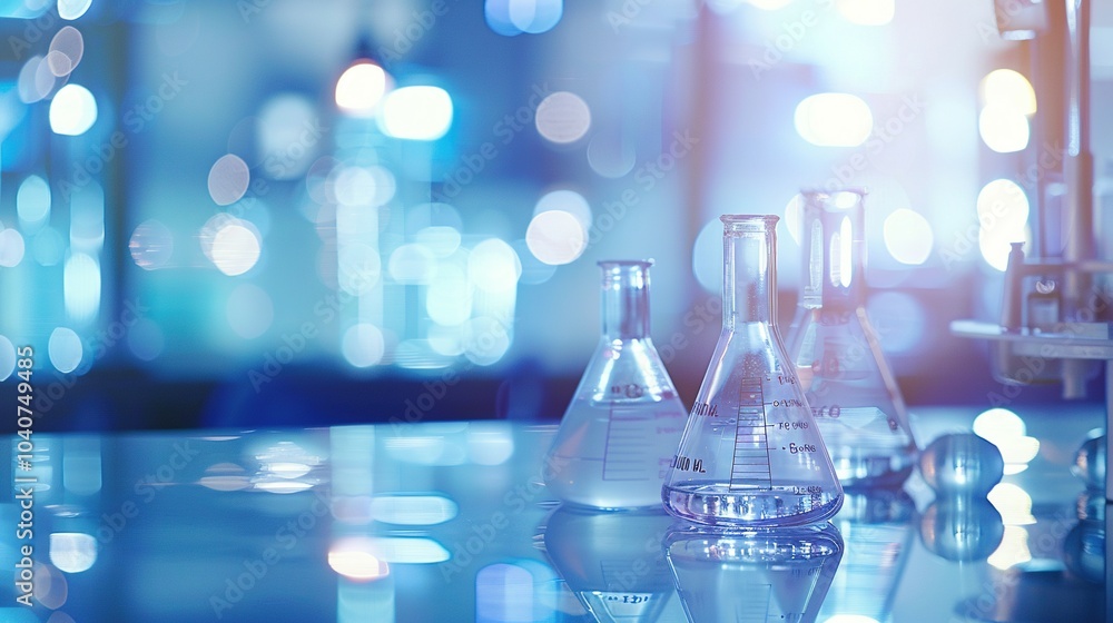 Glass Flasks Filled with Liquid on a Shiny Surface in a Blue-Toned Laboratory Setting Glass Flasks Filled with Liquid on a Shiny Surface in a Blue-Toned Laboratory Setting