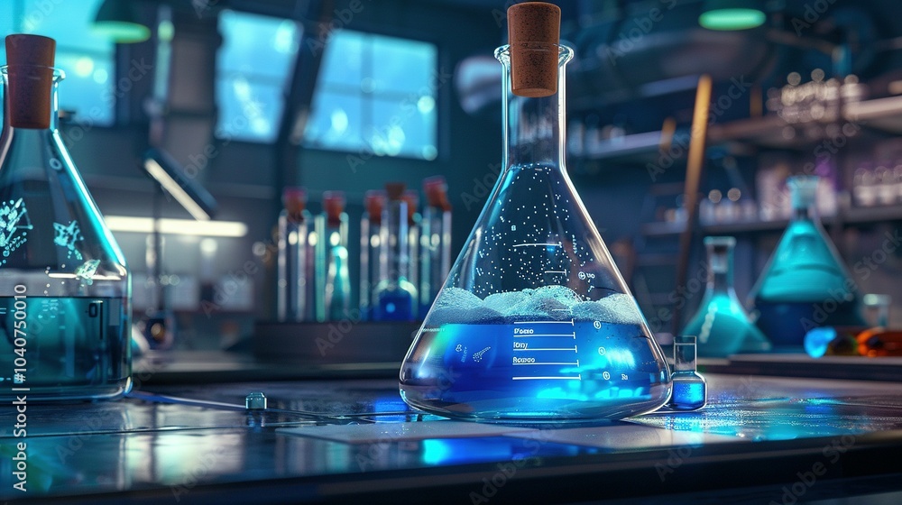 A close-up view of a flask filled with a blue liquid and bubbles, resting on a lab table with other lab equipment in the background A close-up view of a flask filled with a blue liquid and bubbles, resting on a lab table with other lab equipment in the background