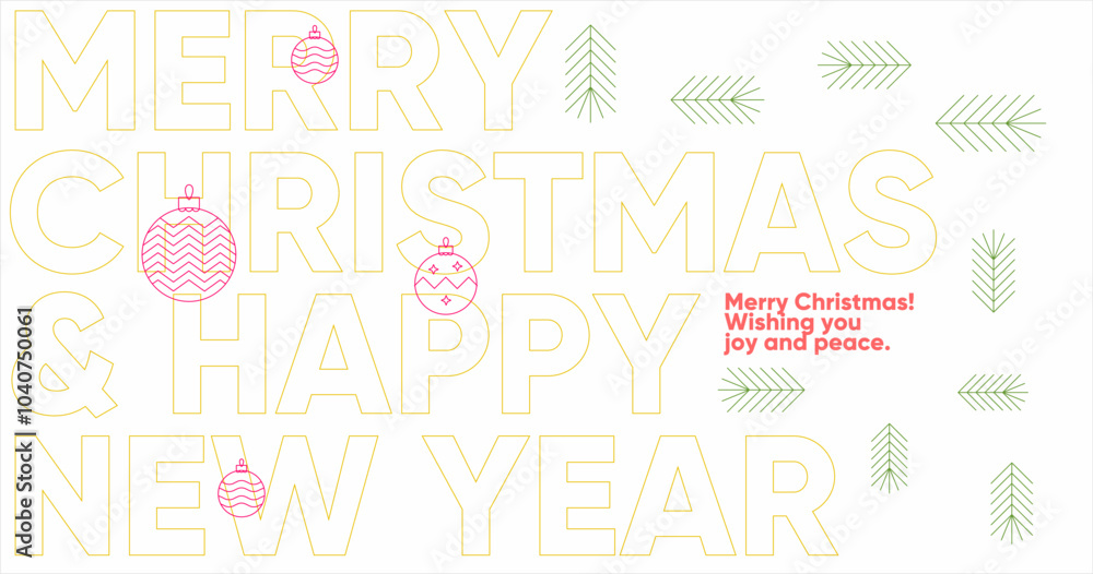 Minimalist geometric holiday poster with outlined yellow typography and red festive ornaments for Christmas and New Year 2025. Features simple green accents and a modern layout. Minimalist geometric holiday poster with outlined yellow typography and red festive ornaments for Christmas and New Year 2025. Features simple green accents and a modern layout.