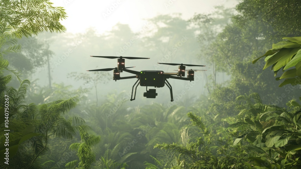 Fototapeta premium A futuristic AI-driven autonomous drone for environmental monitoring, clean forest or coastal environment with drones equipped for tracking wildlife and assessing environmental changes