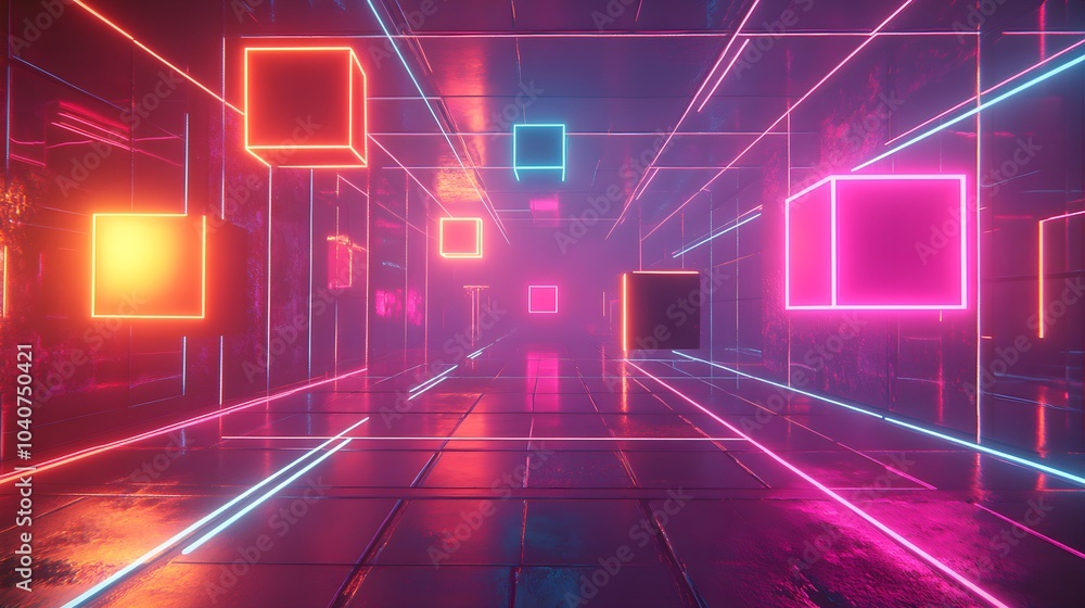 Glowing neon geometric structures, suspended in dark cyberspace, vibrant cubes and spheres interlocking with radiant lines, glowing grid beneath Glowing neon geometric structures, suspended in dark cyberspace, vibrant cubes and spheres interlocking with radiant lines, glowing grid beneath
