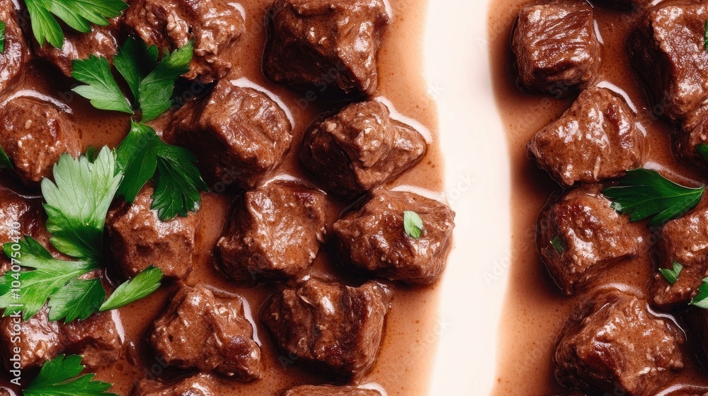 Close-up of a white plate with diced beef in a rich brown sauce, garnished with fresh parsley. Close-up of a white plate with diced beef in a rich brown sauce, garnished with fresh parsley.