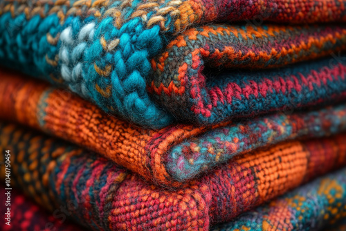 A stack of colorful blankets with a blue one on the bottom