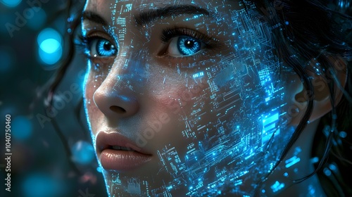 Digital face with circuit boards blending into skin, half organic, half robotic, representing AI consciousness, High detail, Neon cyberpunk style, Cool blues, 3D rendering photo