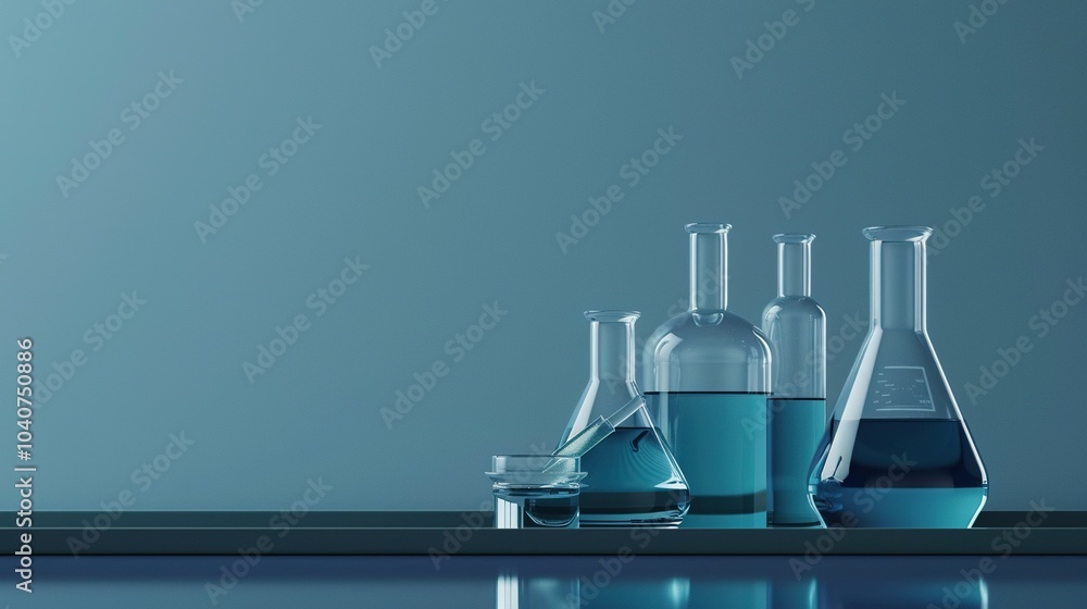 Glass laboratory beakers and flasks with blue liquid on a tabletop Glass laboratory beakers and flasks with blue liquid on a tabletop