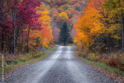 A road with trees on either side and a tree in the middle