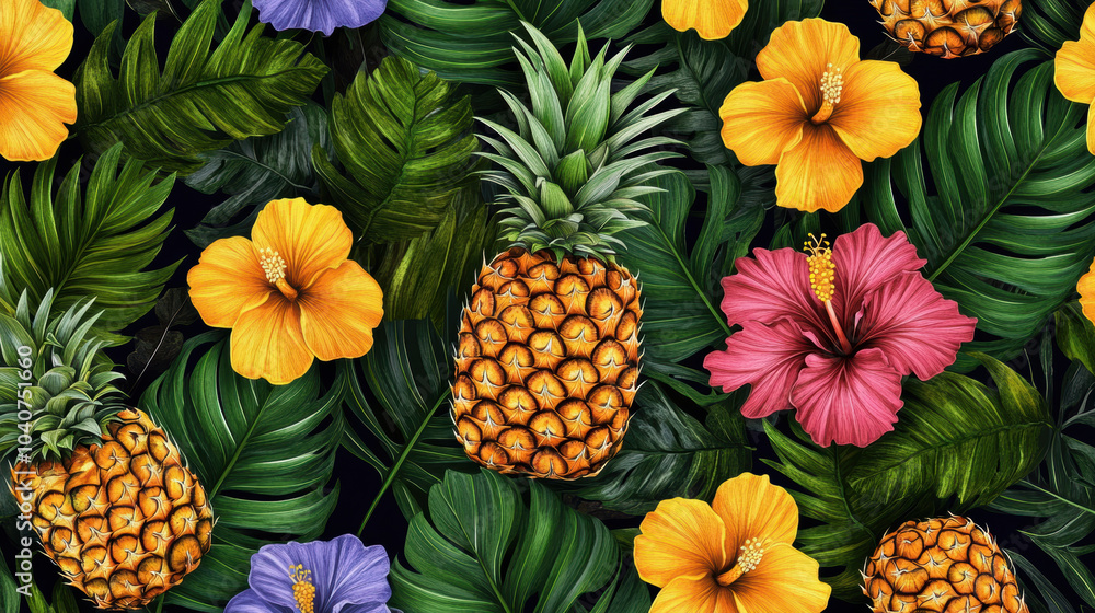 Tropical leaves and vibrant flowers create seamless summer pattern featuring pineapples and hibiscus. This lively design evokes sense of paradise and warmth Tropical leaves and vibrant flowers create seamless summer pattern featuring pineapples and hibiscus. This lively design evokes sense of paradise and warmth