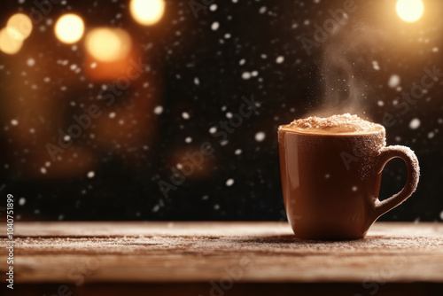 Steamy hot chocolate in rustic winter cabin setting creates cozy atmosphere. warm drink contrasts beautifully with snowy backdrop, evoking feelings of comfort and joy
