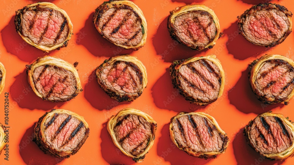 Close-up of perfectly grilled and arranged beef tenderloin roulades on an orange background. Close-up of perfectly grilled and arranged beef tenderloin roulades on an orange background.