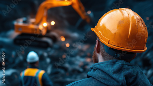 Construction workers observe massive industrial excavator operating in mining site, showcasing scale and intensity of work environment