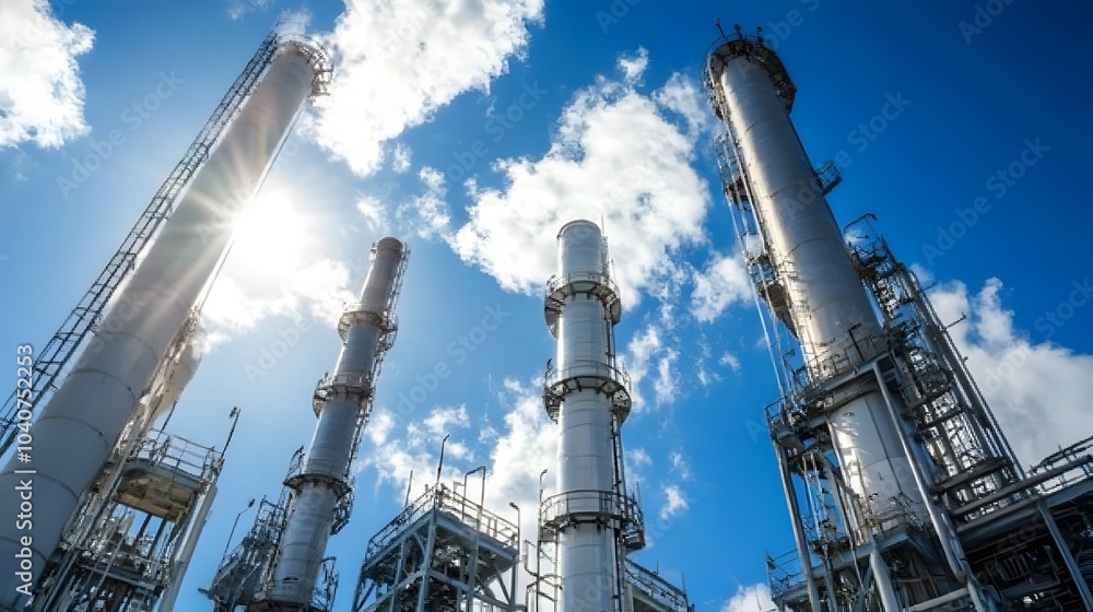 A large industrial plant with tall white towers and a clear blue sky. The sun is shining brightly on the plant A large industrial plant with tall white towers and a clear blue sky. The sun is shining brightly on the plant