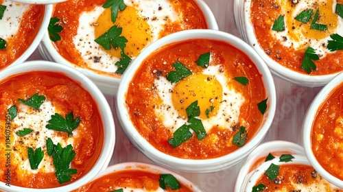 Close-up overhead view of baked eggs in tomato sauce with fresh parsley, black pepper, and salt garnishes.