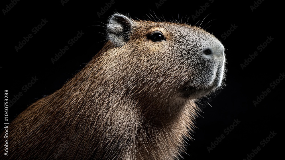 Close-up portrait of a capybara looking to the side against a black background. Close-up portrait of a capybara looking to the side against a black background.