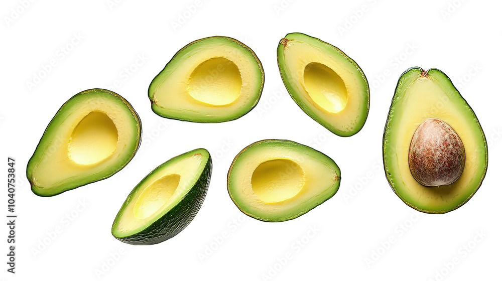 Different collection of fresh sliced avocado isolated on transparent background