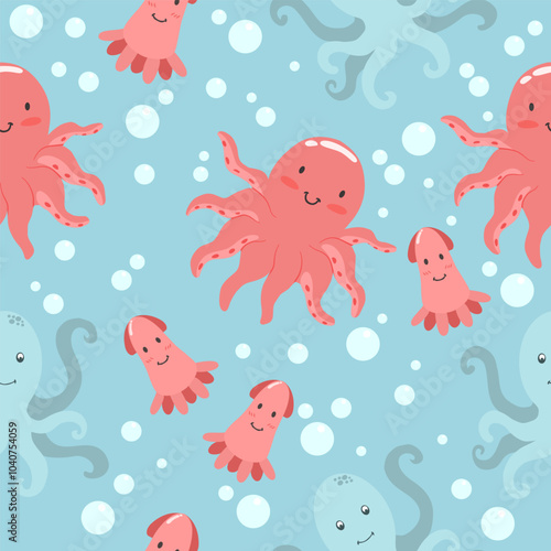 seamless pattern with hand drawn octopus and squid in flat style