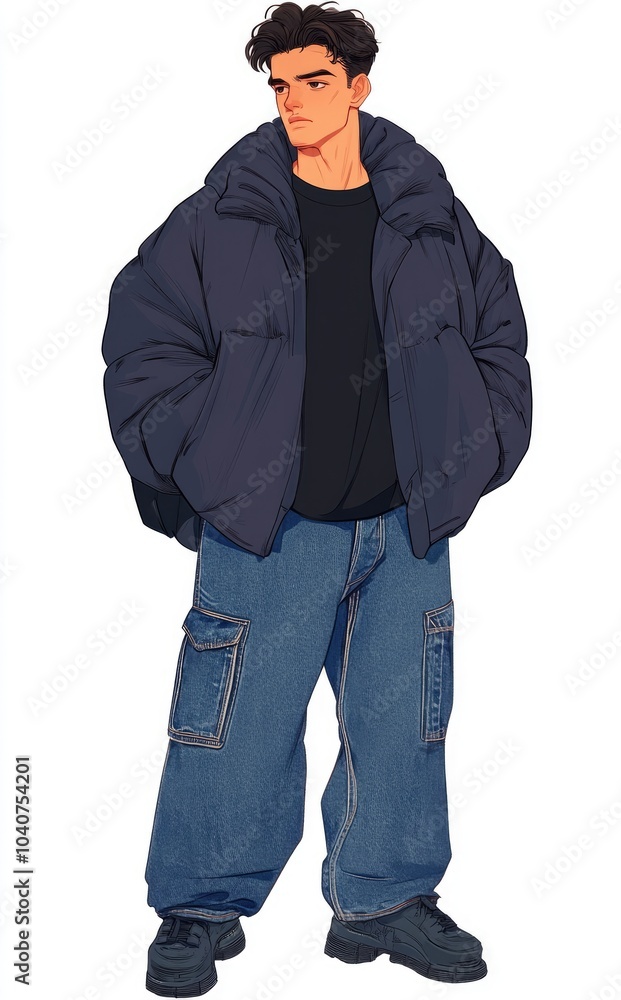 A stylized illustration of a young man in a casual outfit with a puffer jacket and baggy jeans. A stylized illustration of a young man in a casual outfit with a puffer jacket and baggy jeans.