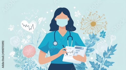 Female doctor wearing a face mask and writing on a clipboard, surrounded by flowers and medical symbols.