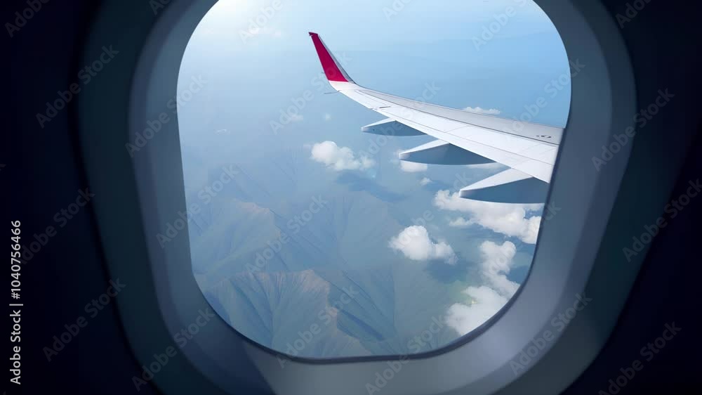 View from plane window over the mountains and clouds. Looking through window aircraft during flight in wing Clouds, and sky through window of airplane. Travel tourizm trip. 4 K slow-mo