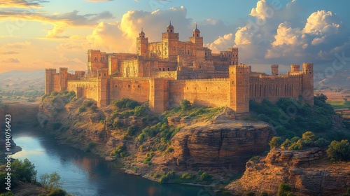 Majestic castle atop a rocky outcrop with a river below.