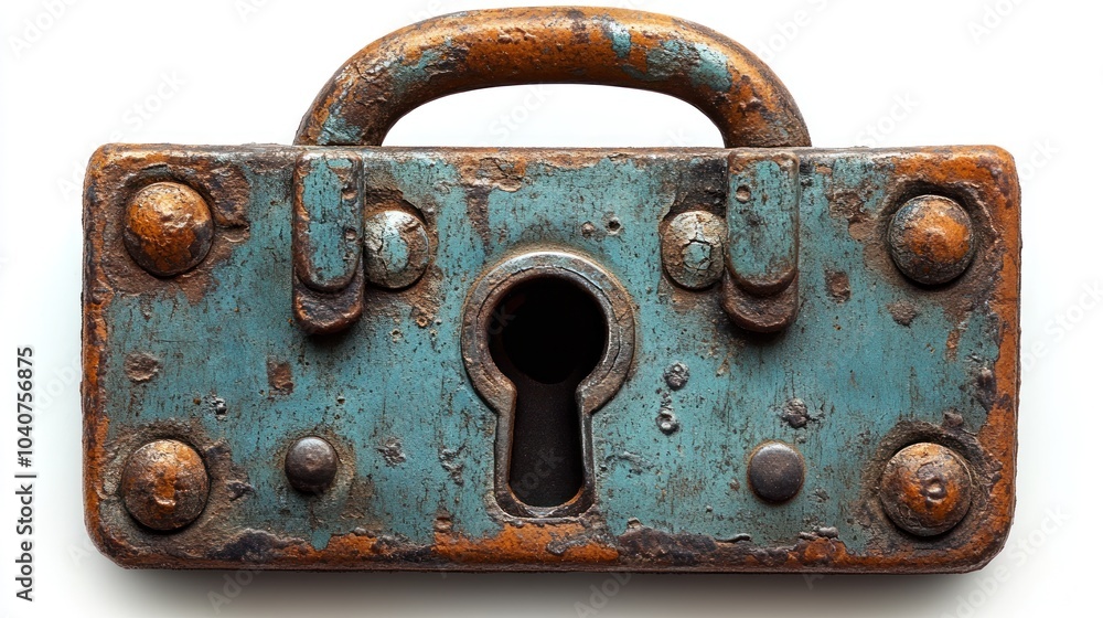 An antique padlock with a rusty, weathered finish. An antique padlock with a rusty, weathered finish.