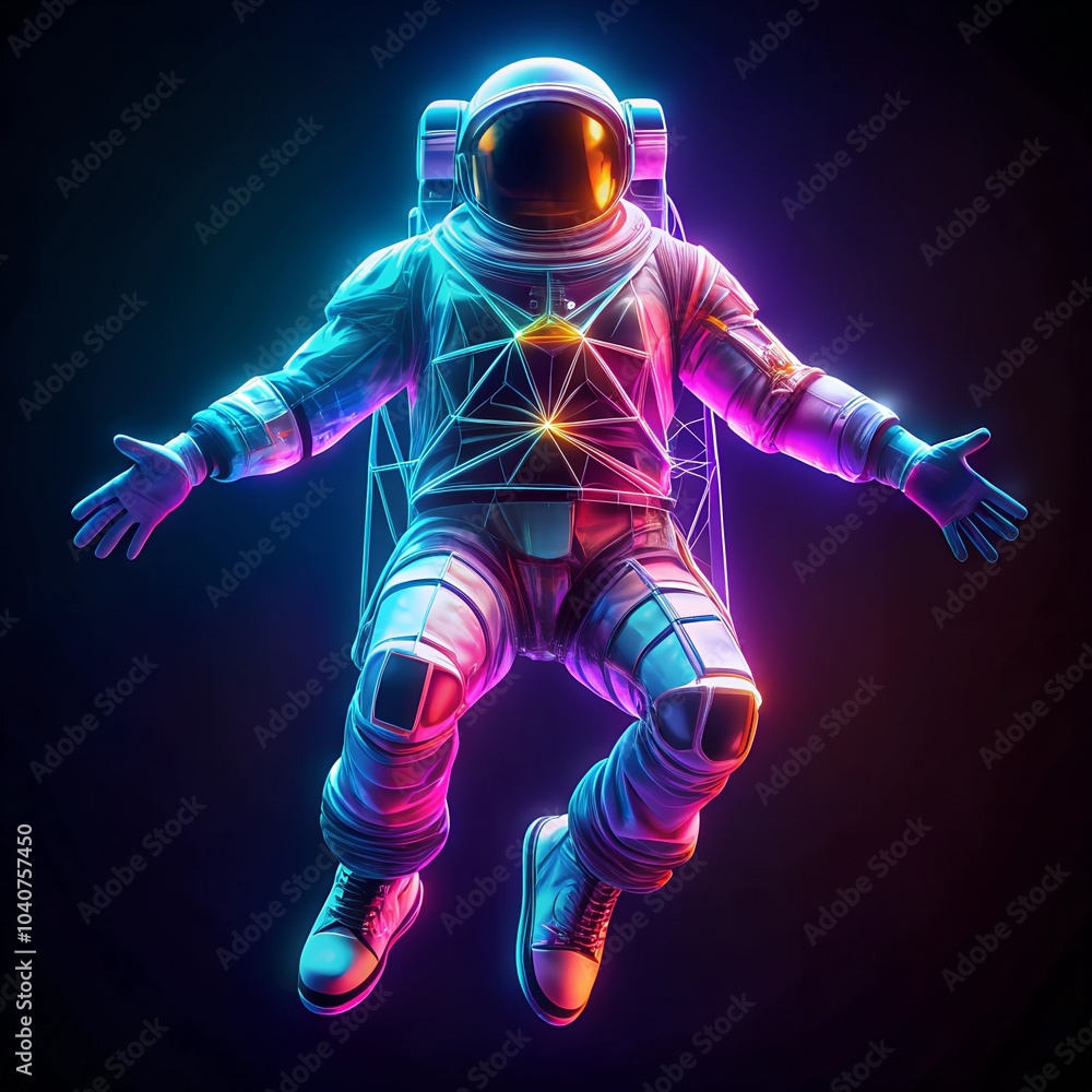 Low poly astronaut neon theme floating in metaverse 3d black background Low poly astronaut neon theme floating in metaverse 3d black background