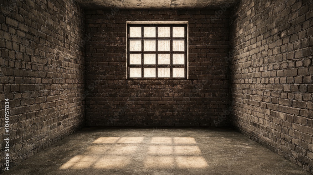 A desolate room with brick walls and a window casting shadows on the floor. A desolate room with brick walls and a window casting shadows on the floor.