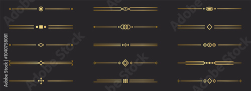 Gold text dividers doodle set. Wedding decorative elements. Divider ornament, borders, vintage line separators. Hand drawn vector illustration isolated on black background
