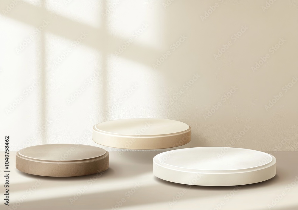 Three minimalist circular plates in neutral tones on a soft background with natural lighting. Three minimalist circular plates in neutral tones on a soft background with natural lighting.