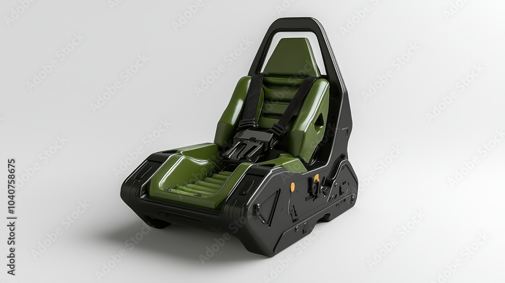 Fototapeta premium Green and black racing seat with safety harness.