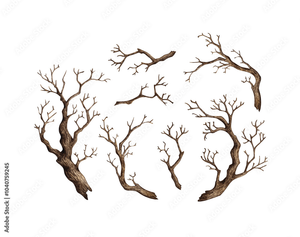 Fototapeta premium Tree without leaves, with dry bare branches set of watercolor illustration. Gothic Halloween driftwood decoration. Countryside isolated from background. For seasonal design winter, autumn.