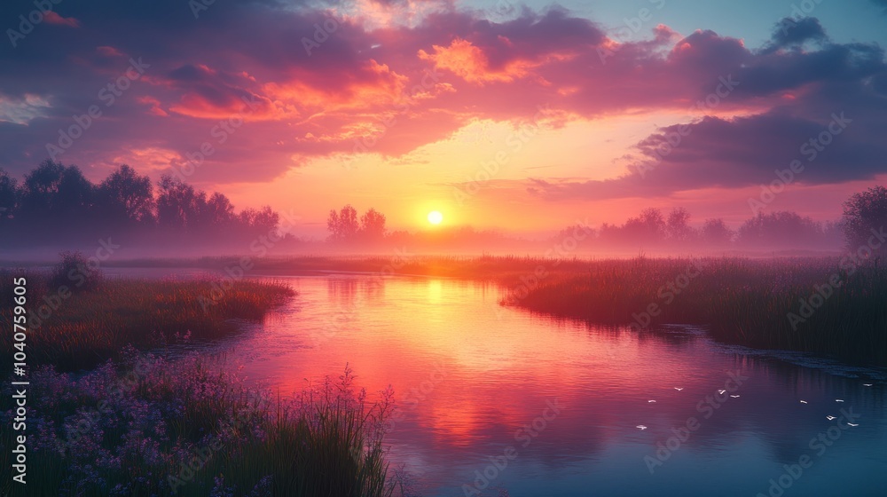Serene sunset over a tranquil river with mist and vibrant colors. Serene sunset over a tranquil river with mist and vibrant colors.
