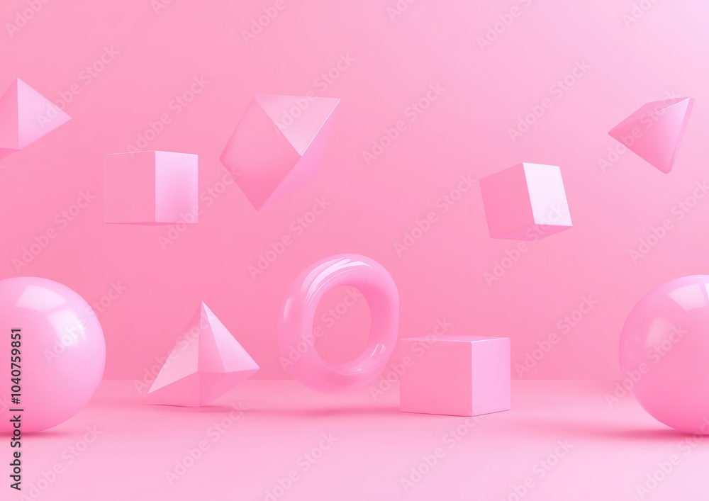 A collection of pink geometric shapes floating in a soft pink background. A collection of pink geometric shapes floating in a soft pink background.