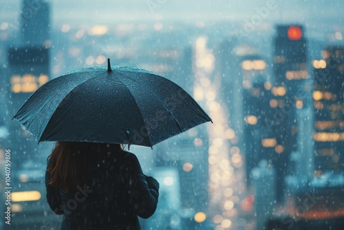 Wallpaper Mural A girl stands under an umbrella on a rainy day, with a vibrant city skyline blurred in the background Torontodigital.ca