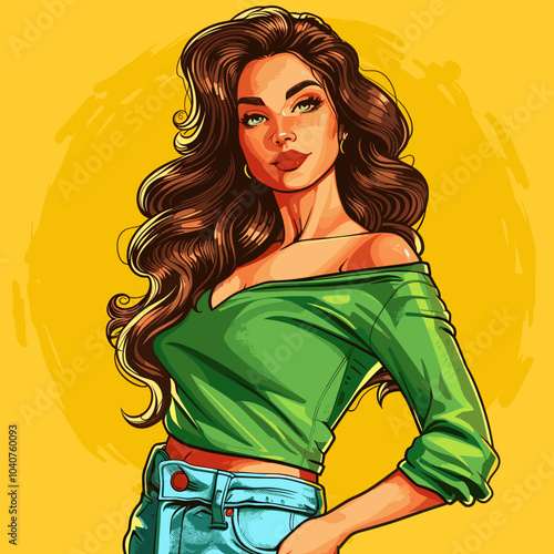 A woman with long brown hair and a green shirt is standing in front of a yellow background. The image has a bright and cheerful mood, with the woman's outfit