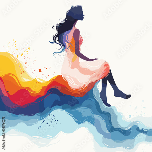 A woman is sitting on a wave in a colorful dress. The dress is made up of different colors, and the woman's hair is long and flowing. The scene is vibrant and lively, with the colors of the dress