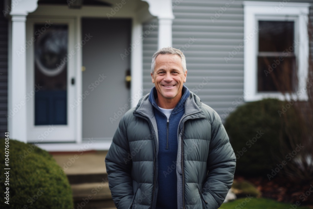 Smiling senior man standing in front of his suburban home on a sunny day Smiling senior man standing in front of his suburban home on a sunny day