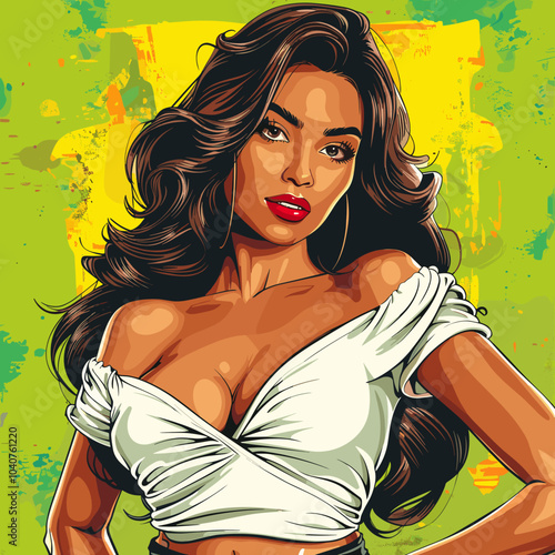 A woman with long hair and a white shirt is posing for a picture. The image has a vibrant and lively feel to it, with the woman's hair and outfit drawing attention. Scene is confident and bold