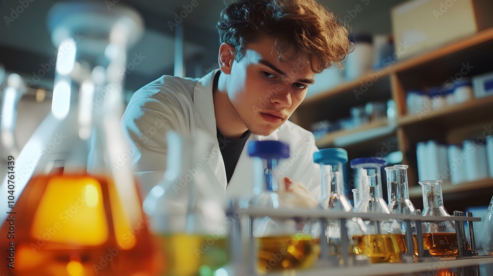 A Focused Young Scientist Working with Chemicals in a Lab A Focused Young Scientist Working with Chemicals in a Lab