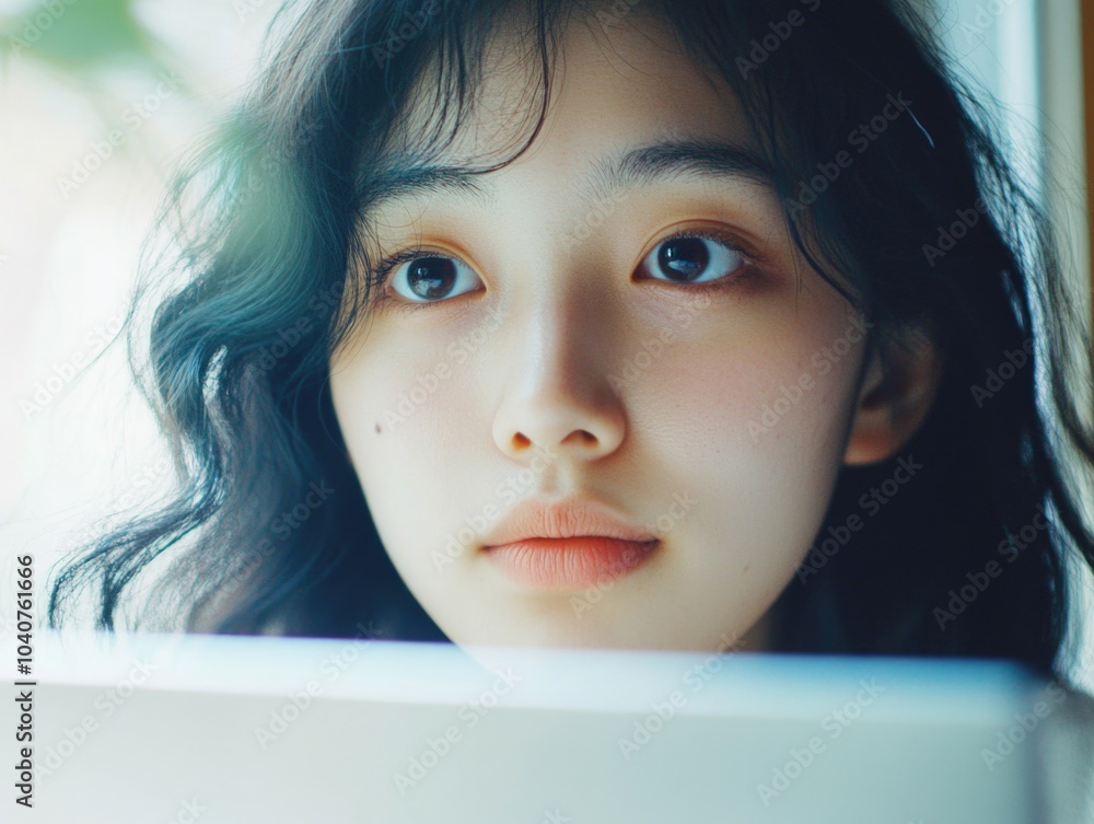 Introspective Asian Woman Looking at the Computer Introspective Asian Woman Looking at the Computer