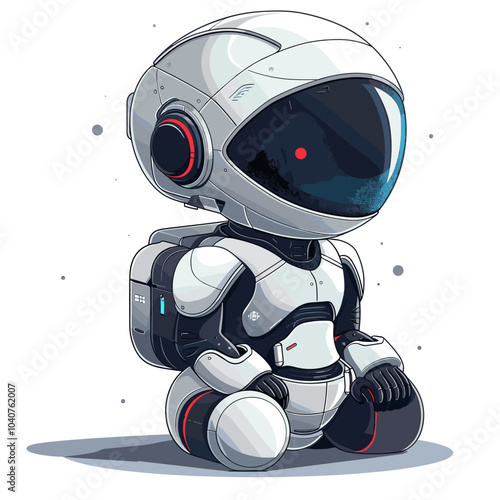 Vector illustration of a cute cartoon robot sitting on a white background.
